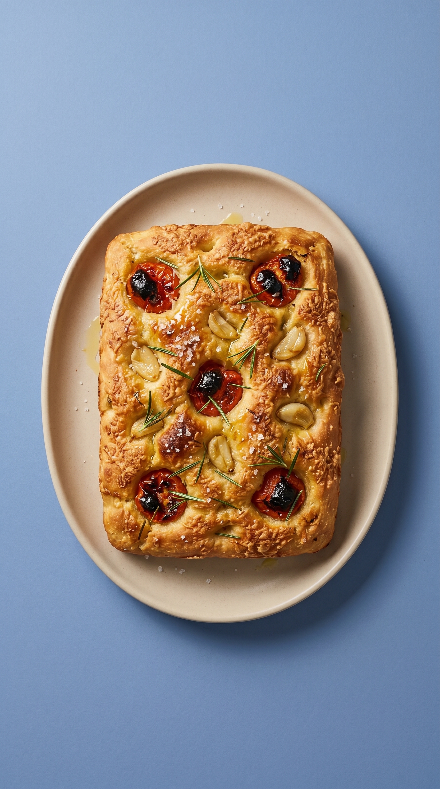 Luchtige focaccia met tomaten, geroosterde knoflook en parmezaanse korst