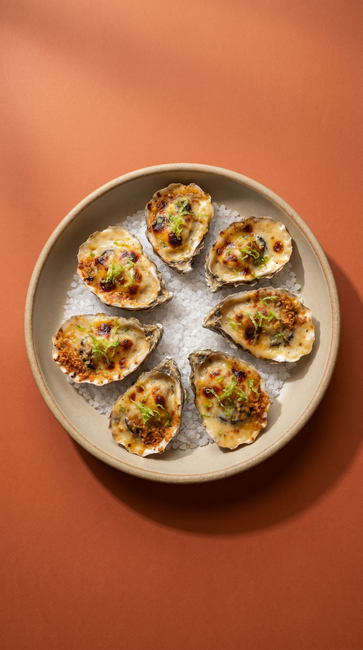 Miso-geglazuurde Oesters Gratinées met Champagne-Oestersaus Béchamel
