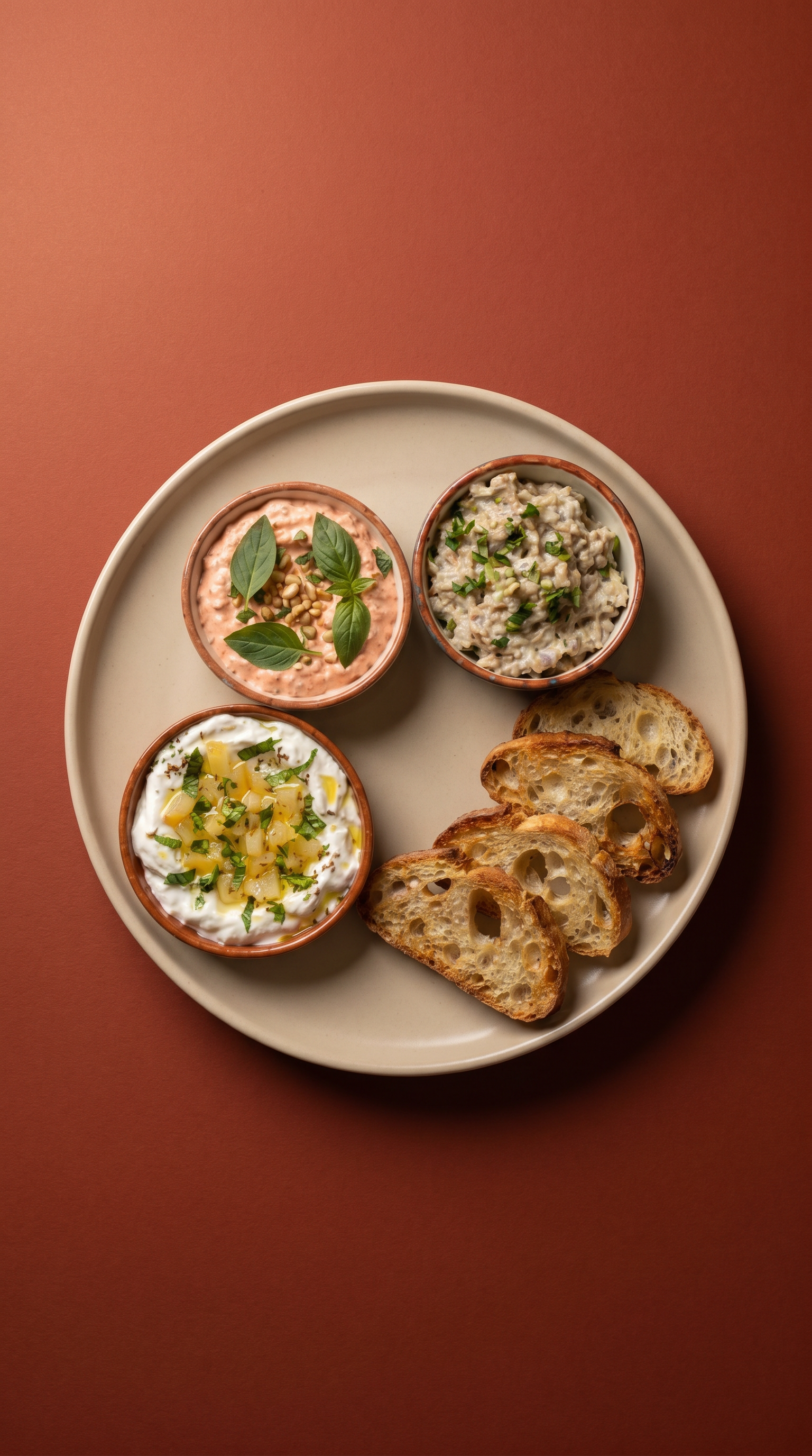 Ambachtelijk Sourdough Aperitief Trio met Gepekelde Citroen Labneh, Thaise Basilicum-Peperdip en Bistro Tonijn Rillettes