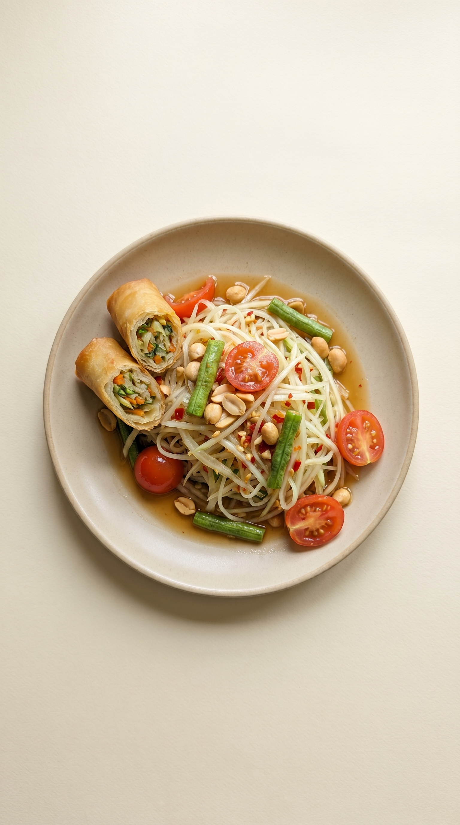 Salade de papaye verte avec rouleaux de printemps croustillants (Som Tam Pao Thod)