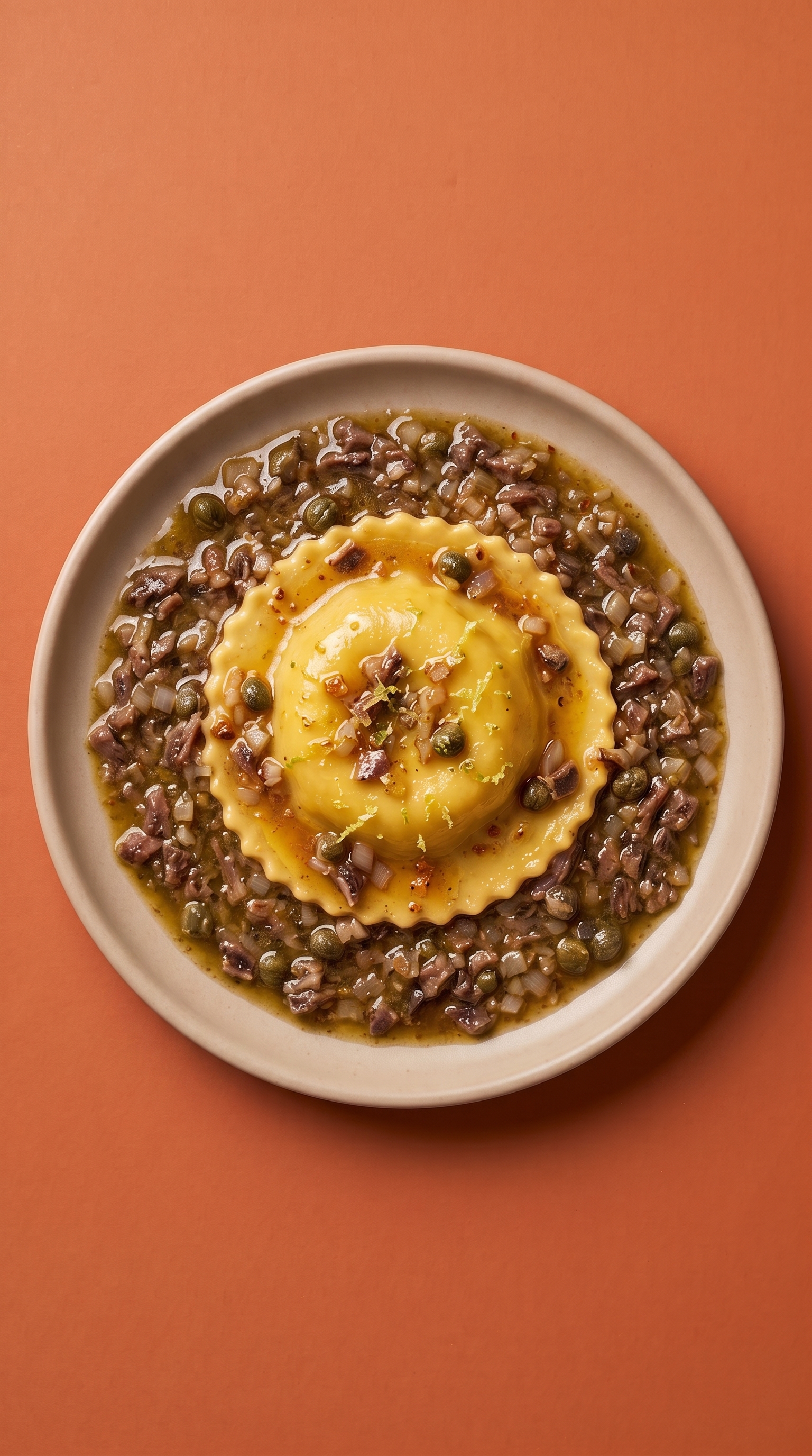 Ravioli met vloeibare eidooier en bruine boter anchoïade
