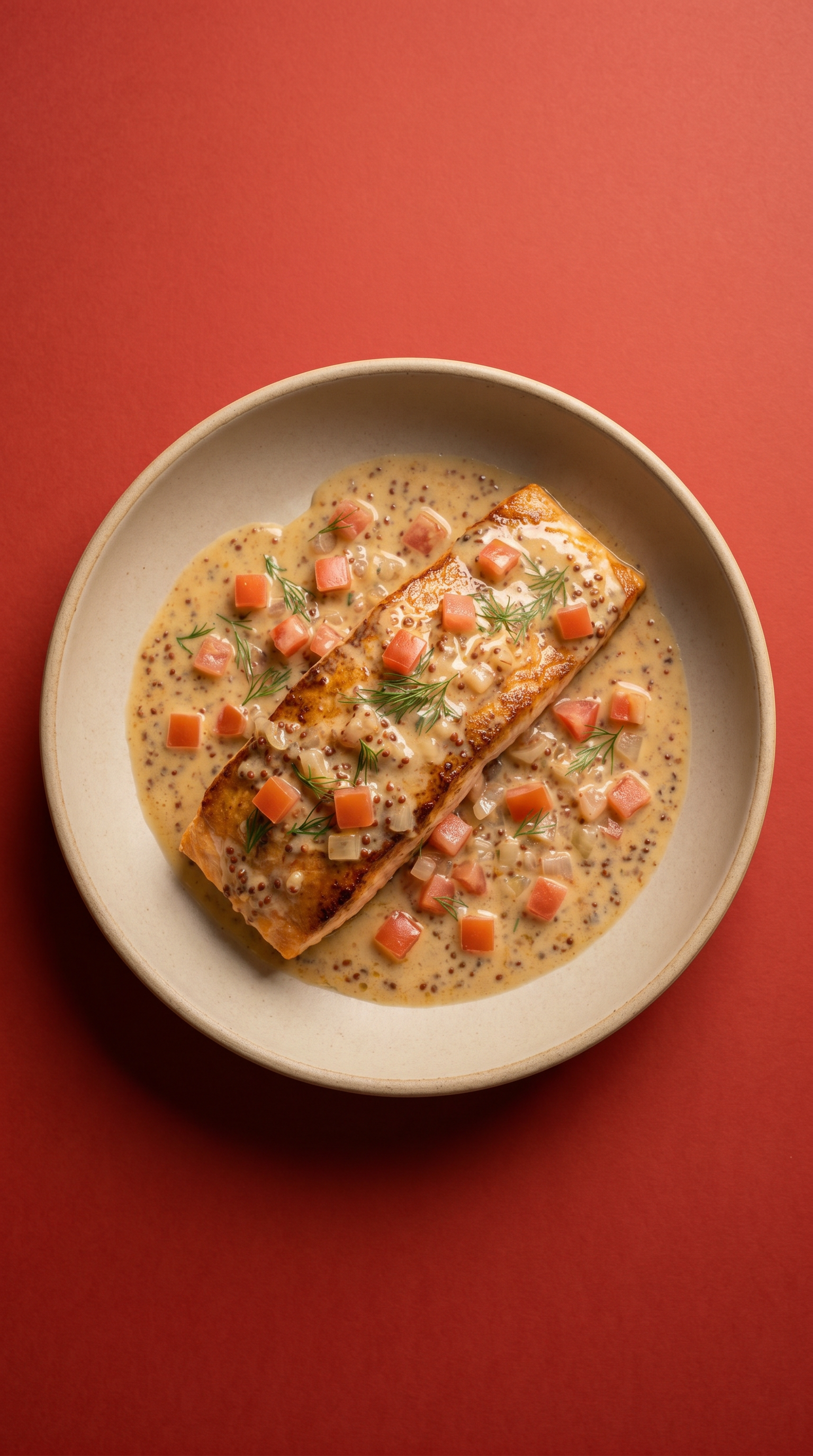 Saumon Rôti à l'Ancienne, Sauce Crème à la Moutarde et Tomates