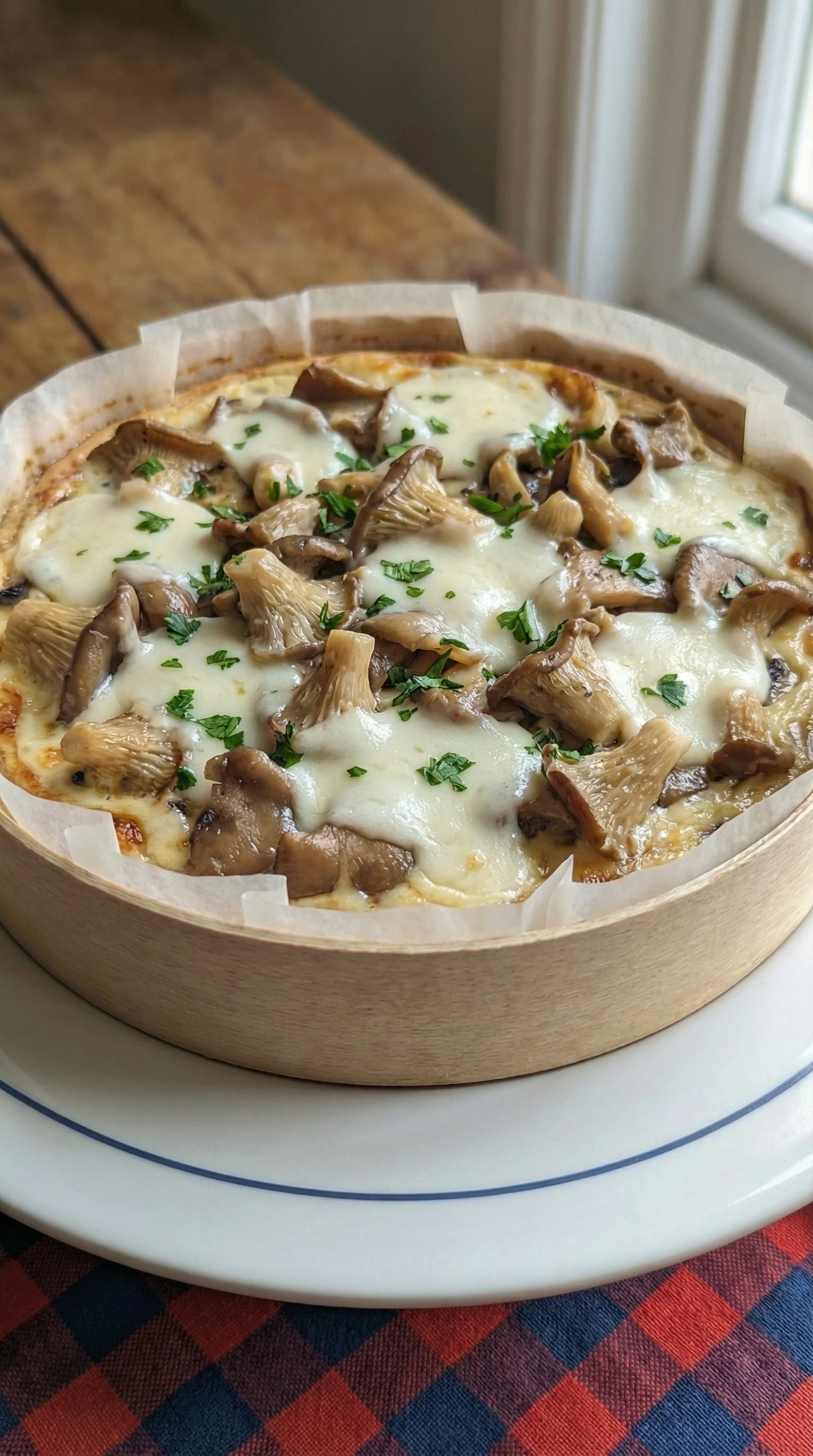 Clafoutis salé aux champignons gratiné, Taleggio et ragoût d'ail et pleurotes