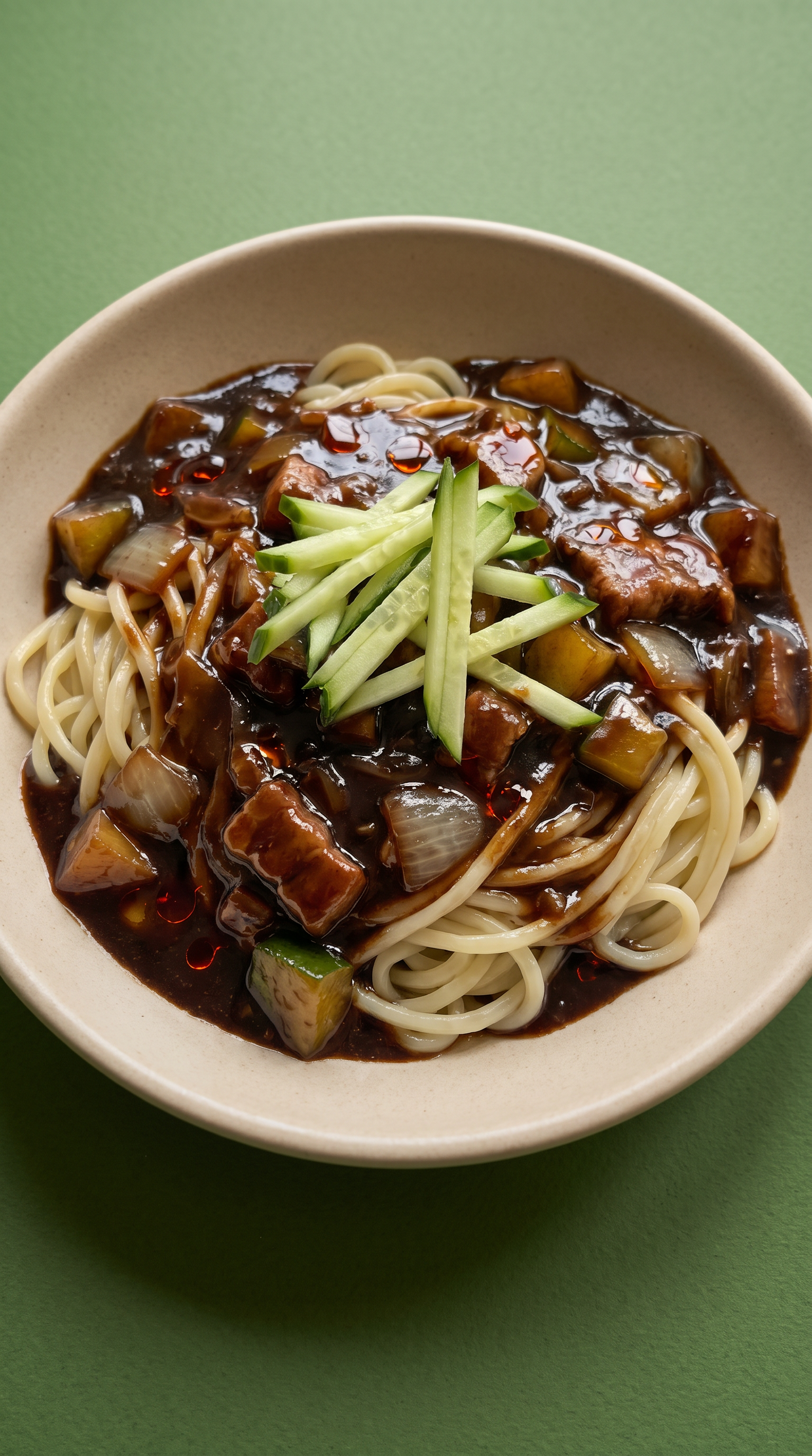 Beste Koreaanse noedels met zwarte bonensaus, varkensvlees en groenten