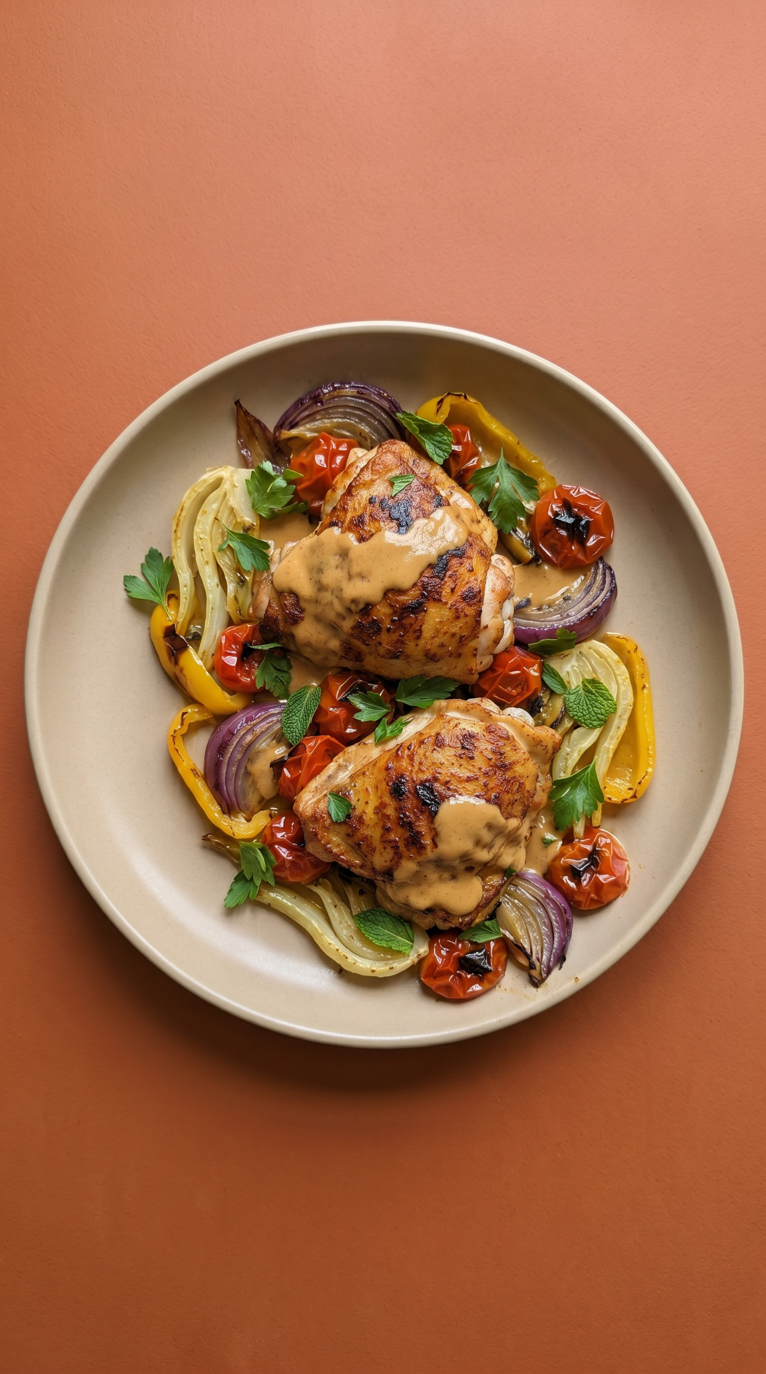 Cuisses de Poulet au Big Green Egg, Velouté à la Harissa et Légumes d'Été Rôtis