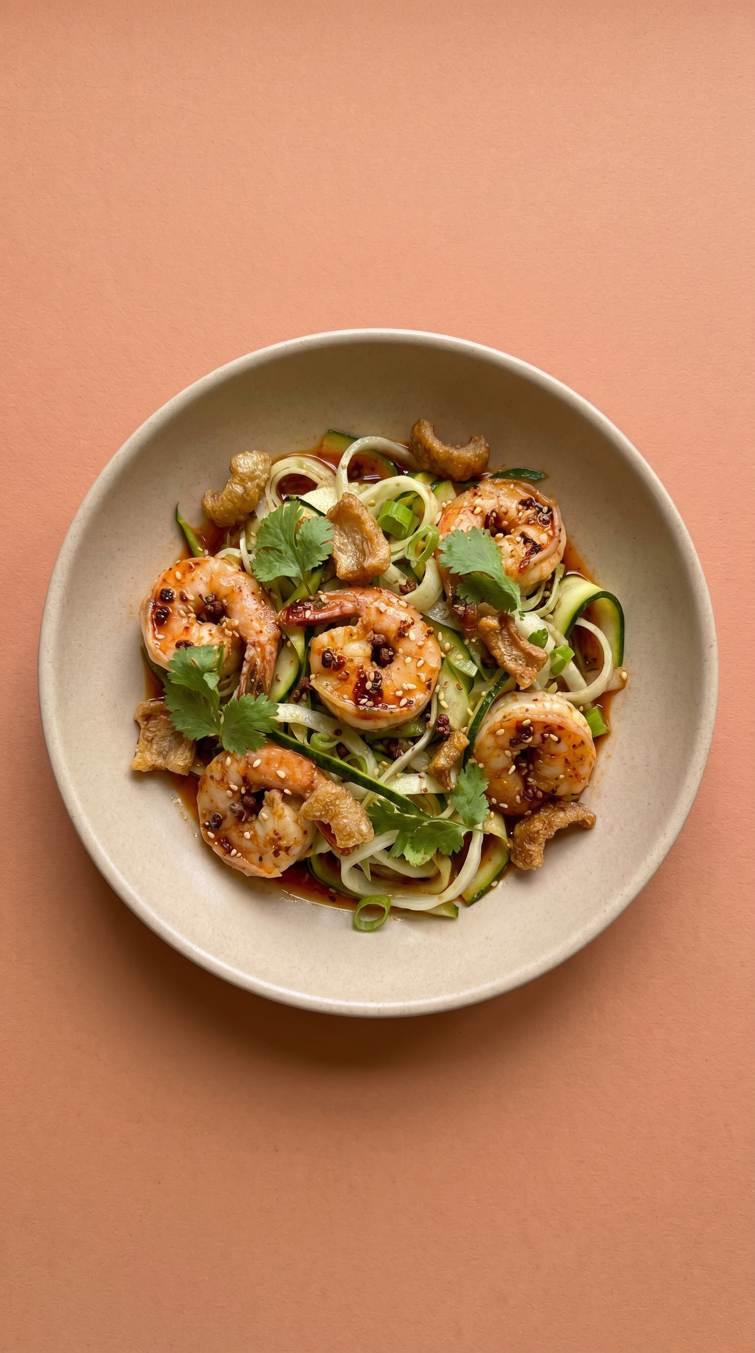 Sichuan Sesamgambas met Geschaafde Venkel-Courgette 'Noedels' en Paddenstoelenkrokant