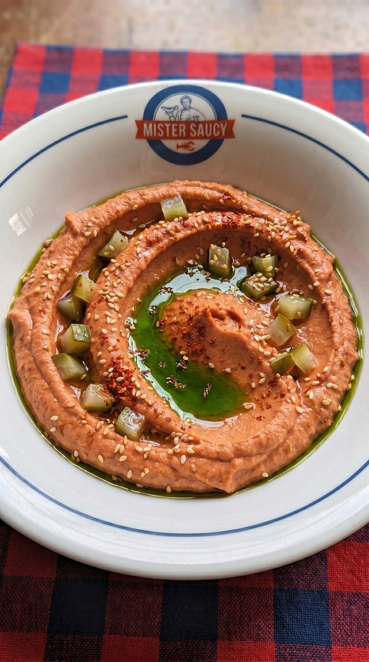Houmous au Gochujang avec Courgette Marinée et Huile d'Ail des Ours