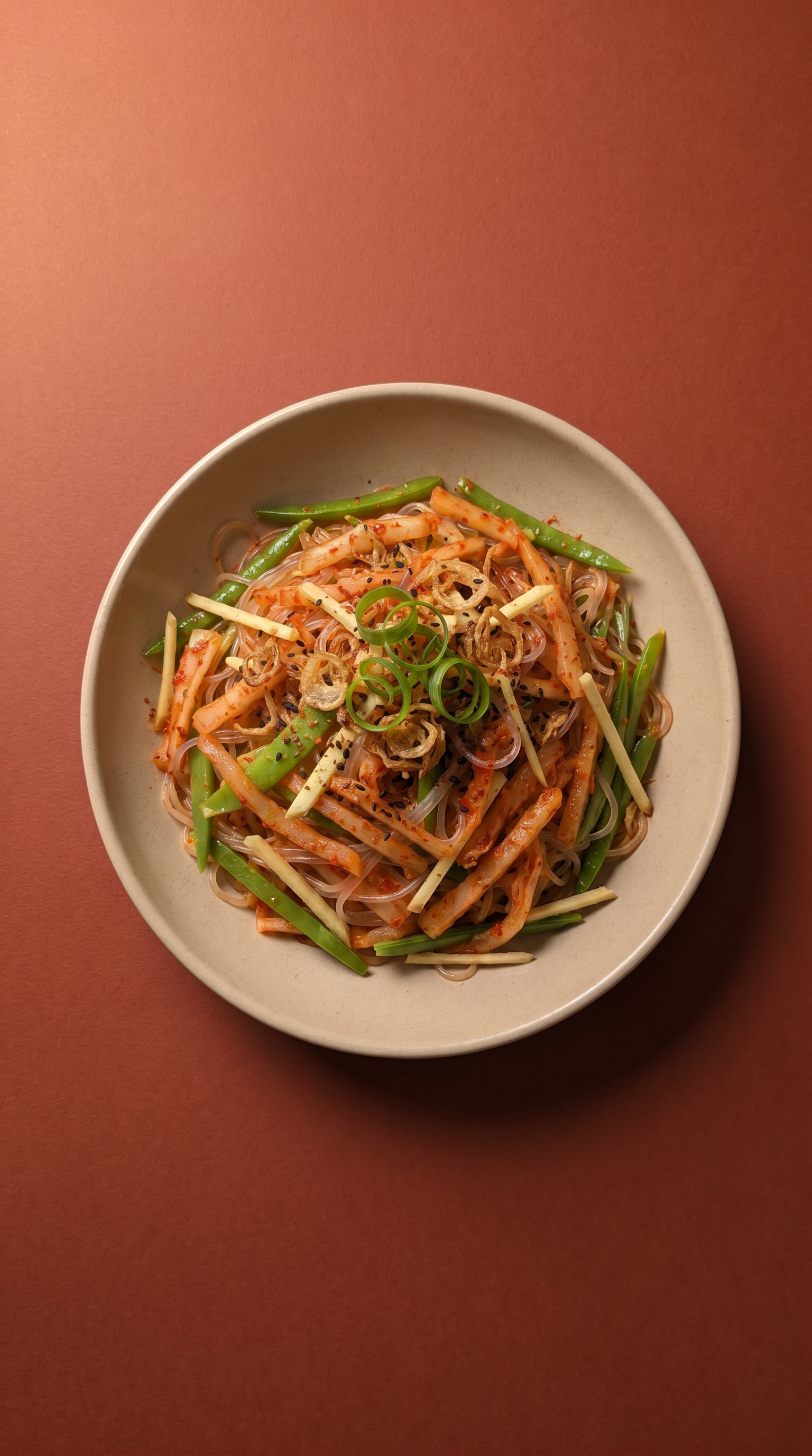 Julienne kimchi- en glasnoedelsalade met gemberstroopvinaigrette