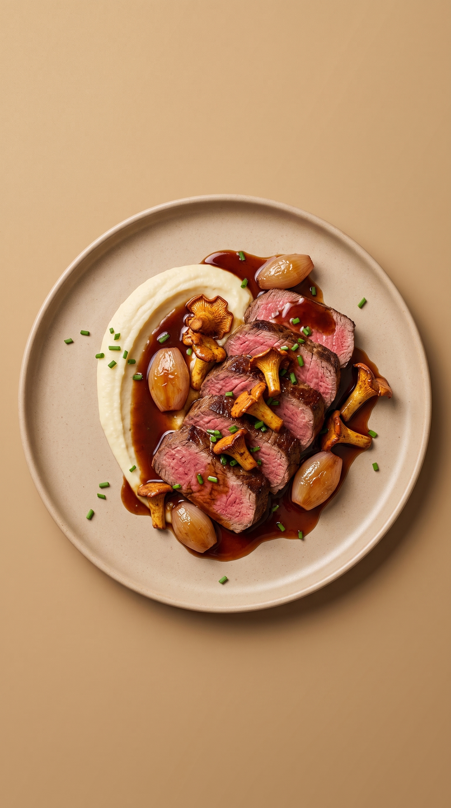Filet de bœuf aux girolles, mousseline de céleri-rave et jus au madère