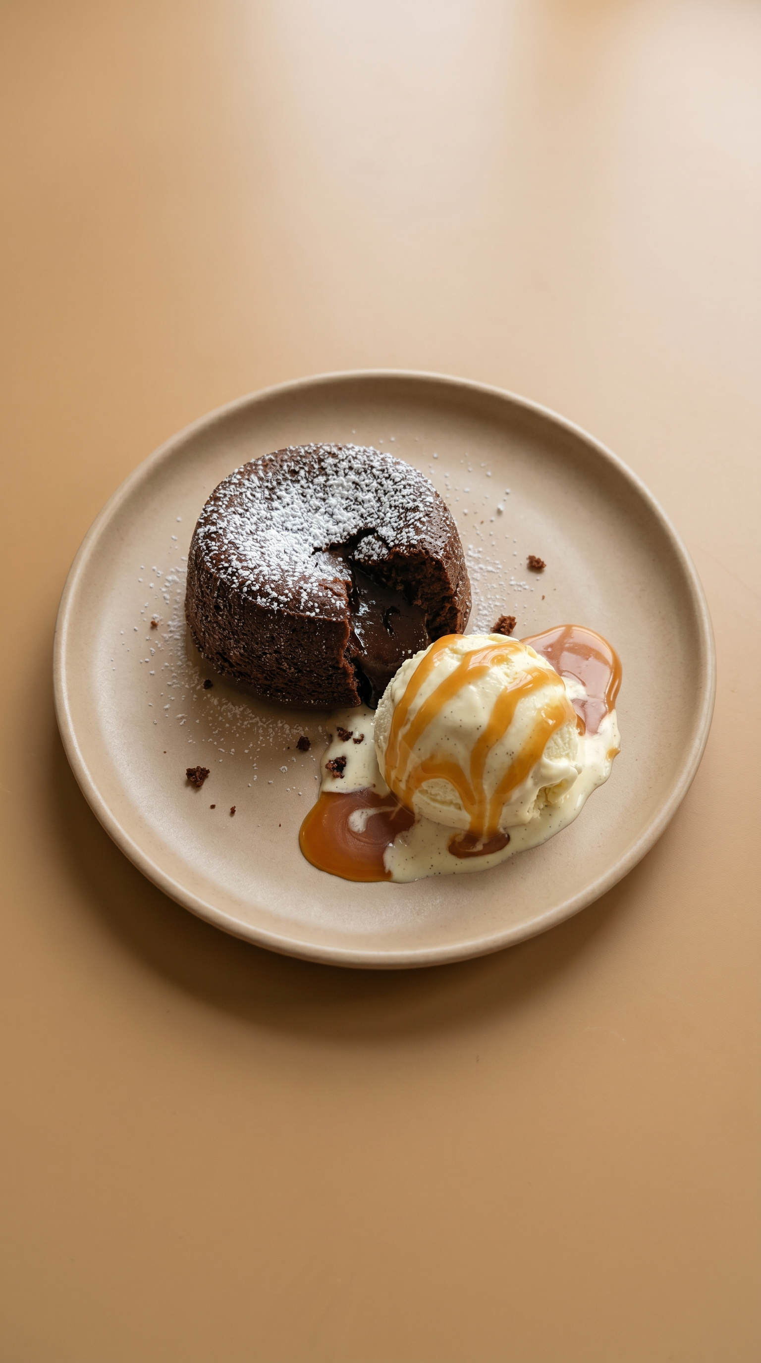 Moelleux van pure chocolade met vanille-ijs en gezouten karamel